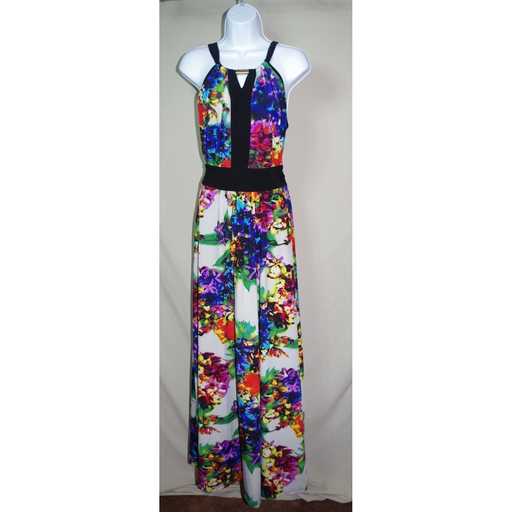 New Direction Women Large Floral Maxi Dress Halter Keyhole Black Tie Waist Multi